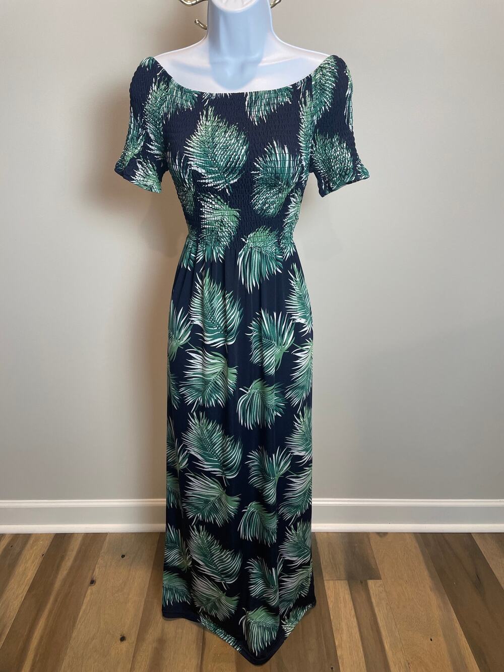 Seven Islands Dress Navy Blue Green Tropical Leaf Print Maxi Short Sleeve Size L